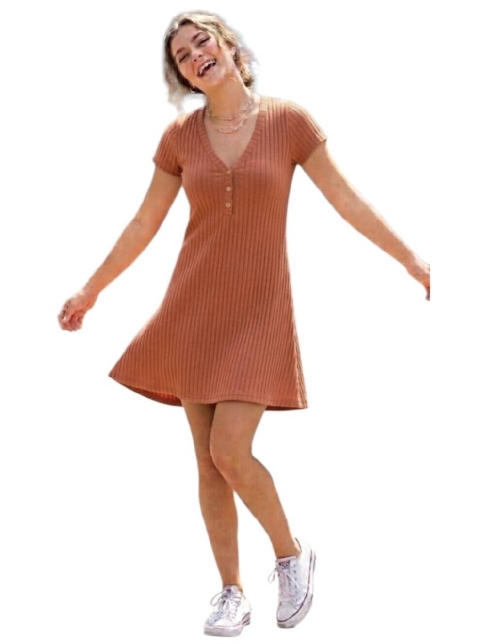 See You Monday Ribbed Mini Dress in Terracotta